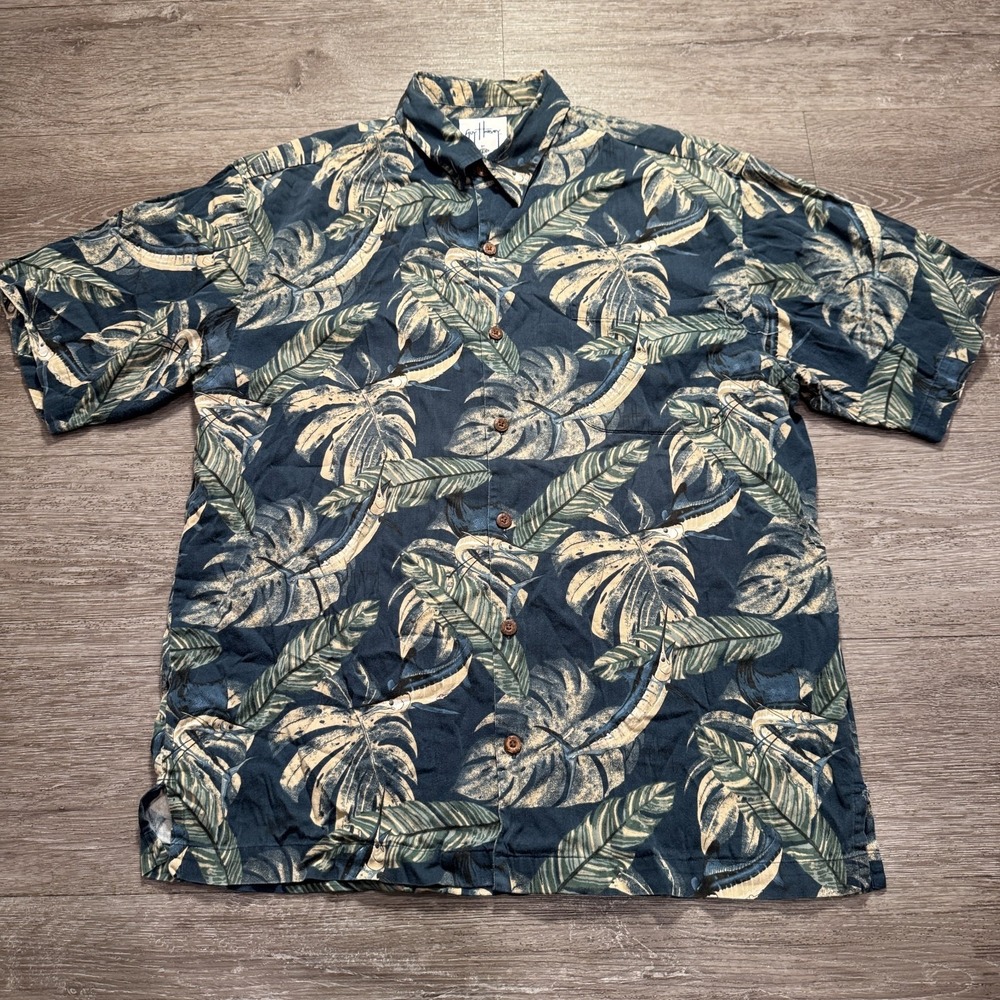 AFTCO Guy Harvey Shirt Mens Large Blue Floral Cotton Rayon Fishing Hawaiian